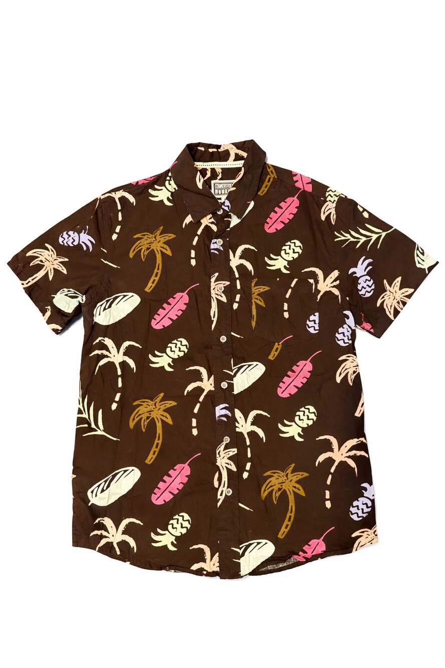 Cornerstore Bodega Brown Tropical Palm Tree & Pineapple Short Sleeve Button Up
